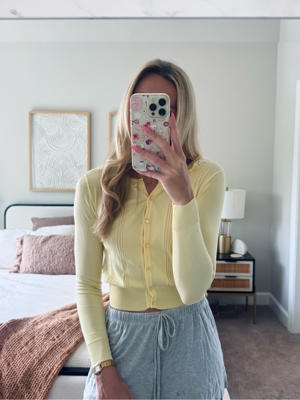 Vino Rouge Pastel Yellow Cropped Beaded Cardigan